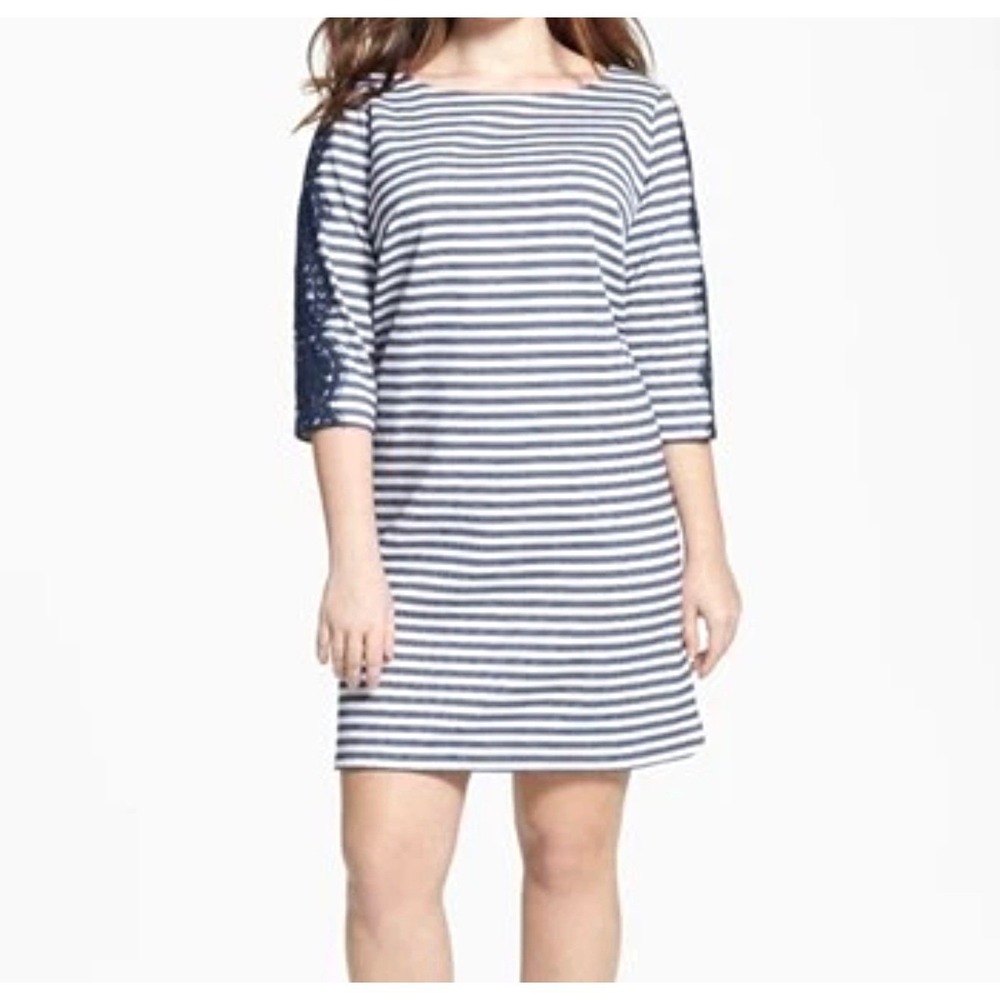 Eliza J Stripe Shirttail Dress Womens 8 Navy White Lace Trim Exposed Red Zipper